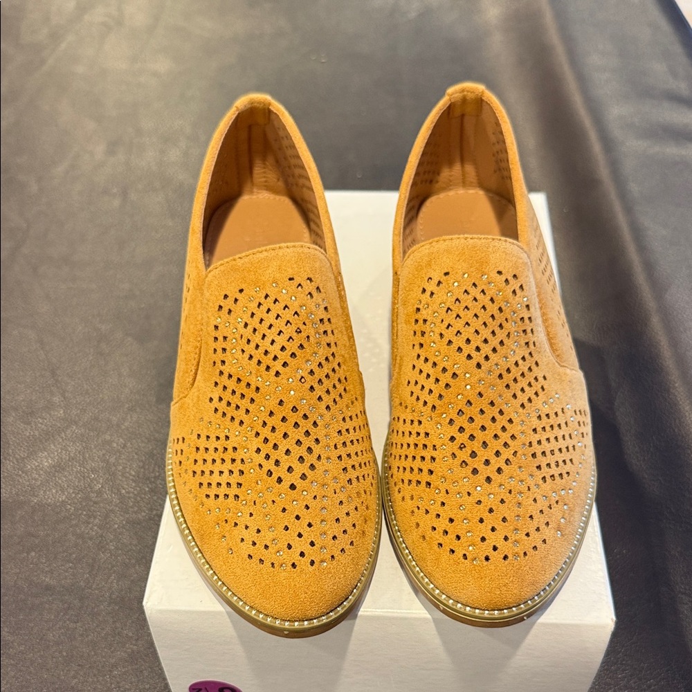 Tan ladies Perforated Slip-On Loafers